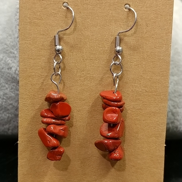 Red Jasper Earrings Natural Gemstone Chip Beaded Surgical Stainless-Steel Dangle - Picture 10 of 12